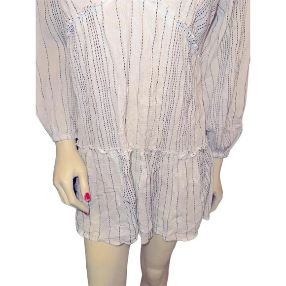 Blue Island Boho Beach Cover-Up Dress White Striped V-Neck Long Sleeve Large - Picture 10 of 11